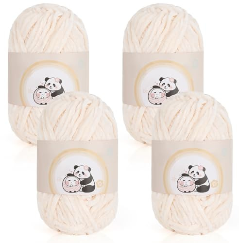 Aeelike Chenille Yarn 400g, 4 Pack Plush Chenille Chunky Yarn for Crochet 100g, Soft Fluffy Velvet Thick Chunky Wool for Knitting Baby Blankets, Scarves, Socks & DIY Crafts, White Pink