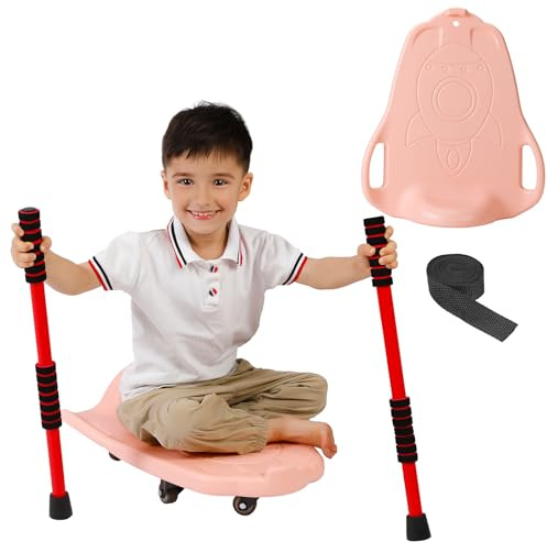 Large Floor Scooter Board, Plastic Scooter Board for Kids with 2 Paddles, 1 Rope, Handles and Back, 5 Wheels, Sports Roller Boards for Indoor Outdoor Sensory Training (Pink)