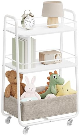 VASAGLE LILEA Kollektion - Rollwagen mit Korb aus Stoff, 3 Ebenen, Servierwagen mit Rollen, Ablagen, Küchenwagen, für Wohnzimmer, Schlafzimmer, Küche, wolkenweiß-Kamelbraun LRC001WB01
