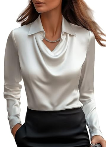 MorFansi Camicia Donna in Raso di Seta con Collo a Cascata Elegante Maniche Lunghe Unita Shirts Classico Tops Bluse (Bianco,S)