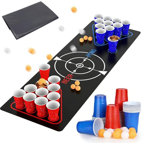 Set di Beer Pong per Feste e Adulti, Gioco da Bere Portatile con Tappetino da Tavolo, Bicchieri Riutilizzabili (500ML) Rossi e Blu e Palline da Ping Pong, Facile da Pulire per Campeggio, Compleanno