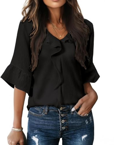 GRMLRP damblus ledig sommar 3/4 ärm topp V-ringad lätt blus lös chic ledig tunika mode dam, svart, L