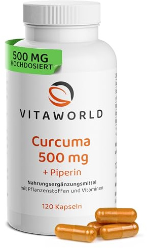 Gélules de curcuma avec biopérine - gélules végétaliennes 1000 mg de concentré de curcuma par jour (120 gélules) - la vitamine B6 renforce le système immunitaire et l'apport en nutriments - vitaworld