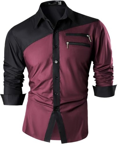 jeansian Hommes Chemises Solid Manches Longues Slim Fit Mode pour Homme Casual Chemises Manches Longues Z015 WineRed L