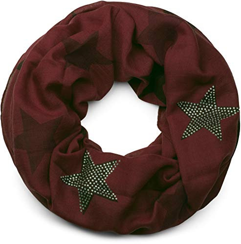 styleBREAKER Loop Schal mit Sterne Muster und edler Strass Applikation, Schlauchschal, Tuch, Damen 01018086, Farbe:Weinrot-Dunkelrot (One Size)