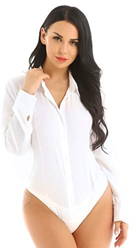 YiZYiF Camiseta Body Manga Larga Mujer Sexy Mono Body Blusa Cuello Alto Mujer Camisa de Vestir Blusa Formal Bodyshirt Traje Vestir Elegante Color Liso Blanco Small