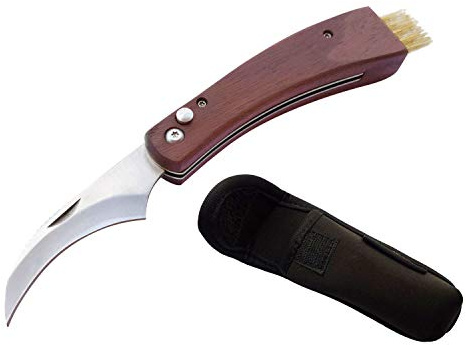 HANZIUP Mushroom Knife with Brush, Folding Fungus Lock Outdoors Truffles Harvest Sharp Knives, Natural Wood Handle, Neoprene Pouch