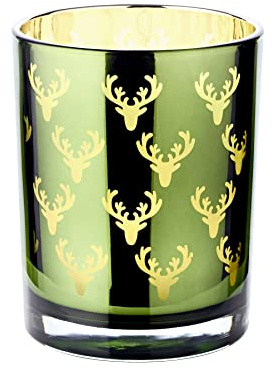 EDZARD Windlicht Teelichtglas Dirk, außen grün, innen Gold, Hirsch-Design, Höhe 13 cm, Ø 10 cm