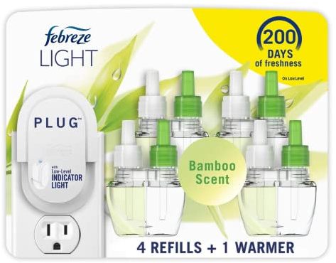 Febreze Plug-In Air Freshener, Odor-Fighting Scented Oil Starter Kit, Air Fresheners for Home and Bathroom and Kitchen, Long Lasting for Strong Odors, Bamboo Scent, Warmer + 4 Refill