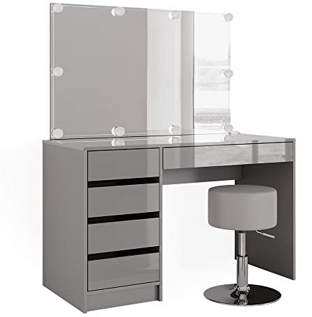 Vicco Schminktisch Sherry, Grau Hochglanz, 120 cm mit LED Beleuchtung und Hocker