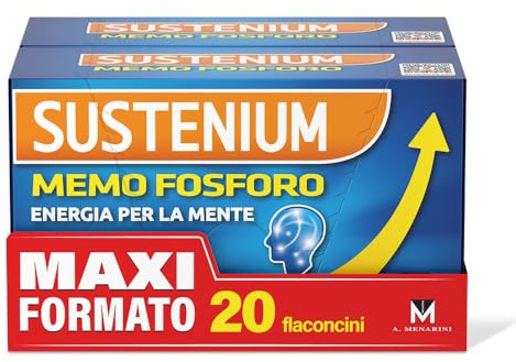 Sustenium Memo Fosforo - Integratore alimentare a base di Fosfoserina, Glutammina, Vitamina B6 ed Eleuterococco. Aroma di fragola. Confezione da 20 flaconcini (10ml)
