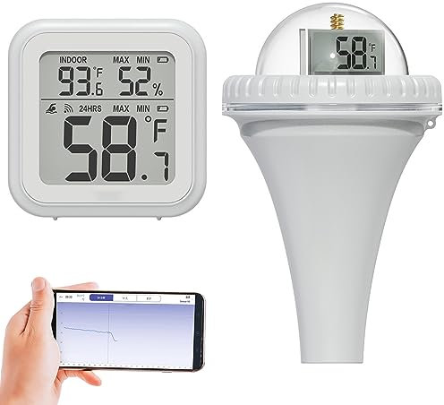 Poolthermometer Digitales, Pool Thermometer Funk, Poolthermometer Schwimmend, Funk Poolthermometer, mit Temperatur und Luftfeuchtigkeitsmesser Innen, für Pool, Teich, Außenanlage