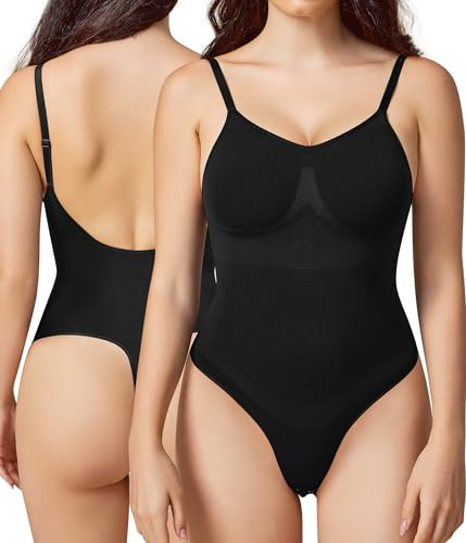 BRABIC - Body moldeador sin espalda para mujer con control abdominal, tipo tanga, sin costuras, sin mangas y con efecto de compresión, Negro -, M
