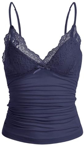 Naileksi Women Y2k Lace Trim Cami Top Spaghetti Strap Fairy Grunge Tank Top V Neck Ruched Bow Lace Patchwork Cami Shirt Navy Blue