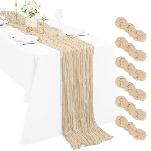 Pesonlook 6 Stück Beige Seihtuch Tischläufer 3 m Boho Gaze Tischläufer 55 x 300 cm rustikal romantisch Langer Tischläufer für Hochzeit Party Brautparty Erntedankfest Weihnachtsdekoration