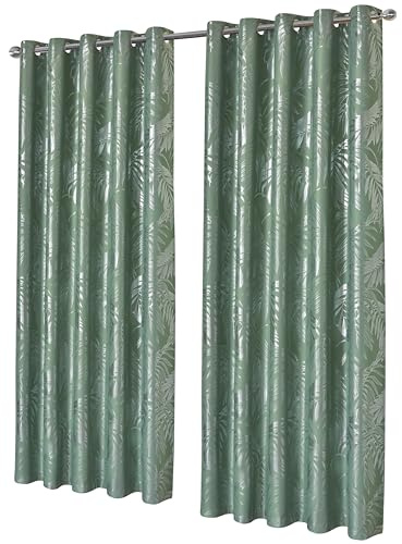Olivia Rocco Leaf Sparkle Curtains Super Soft Thermal Insulated Ring Top Eyelet Curtain for Living Room Bedroom Drapes Window Black 2 Panels Home Decoration, Sage Green 66x54