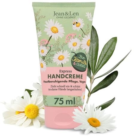 Jean & Len Handcreme Kamille & Olivenöl, vegane Pflegeformel mit Bio-Kamillenblüten Extrakt & Olivenöl, hautberuhigend, zieht schnell ein, vegane Handpflege, ohne Parabene & Silikone, 75 ml