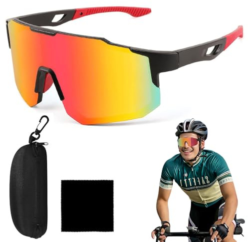 HXUING Lunettes de Soleil de Sport, Lunettes de Cyclisme Homme Femme Protection UV400 Lunettes de Soleil de Velo, pour Course à Pied Cyclisme Pêche Conduite Golf Ski (Rouge)