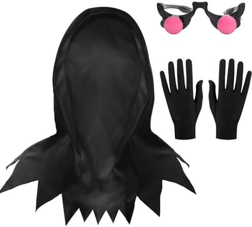 Tankermo Halloween Maske & Leuchtbrillen & Handschuhe & Gürtel,4 Stück Einheitsgröße Maske Schwarz Kostüm Set,Mörder Kostüm Sensenmann Kostümzubehör für Erwachsene Unisex Gruselfeste Geister