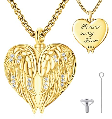 LOOVE Angel Wings Urn Necklace for Ashes Sterling Silver Gold-Plated Heart Ashes Necklace for Women Heart Keepsake Pendant for Mom Angel Wing Cremation Jewelry