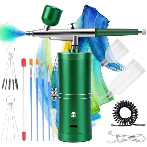 Airbrush Kit with Compressor Rechargeable Portable Air Brush Paint Kit High-Pressure Nail Airbrush with Nozzle and Cleaning Brush Set for Nail Art, Makeup, Painting, Cake Decor (Pink) (Green)