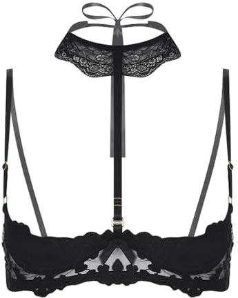 renvena Sujetador de encaje para mujer, sujetador con aros, sujetador de levantamiento de pecho, top abierto, ropa interior, lencería de encaje, Tipo A Negro, S
