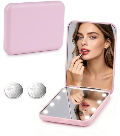 lulir Specchio Trucco con Luci, Specchietto da Borsetta con Ingrandimento 1X/2X, Specchio Portatile Pieghevole LED, 8.5x6.4cm, per Viaggio, Borsa, Tasca, Regalo, Rosa