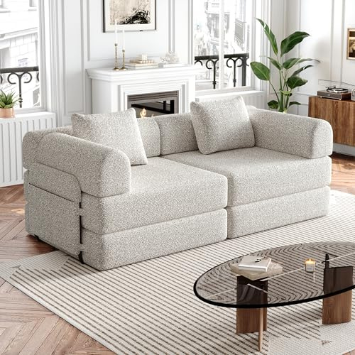 Calivra Divano letto 2 in 1 brevettato in ciniglia, divano a 2 posti, modulare, funzione letto, vano portaoggetti per braccioli, telaio in acciaio e fondo antiscivolo, combinabile liberamente, kaki