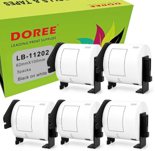 Doree 5 rollos DK11202 62 x 100mm etiqueta de dirección de envío 300/rollo | 62 x 100mm etiqueta de dirección de envío compatibles con Brother 11202 negro sobre blanco, serie QL de Brother