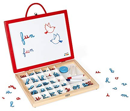 Janod - Essential - 4 In 1 Wooden Cursive Letters Case - Educational Game - Learning Letters and Reading - 110 Accessories Included - Water-Based Paint - Ages 3 and Up, J05073