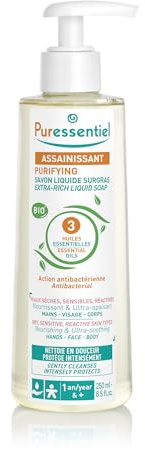 Puressentiel Savon Liquide Surgras aux 3 Huiles essentielles BIO - Antibactérien - Visage, Mains et Corps - Peaux Sèches, Sensibles et Réactives - Nettoie & Protège 250ml
