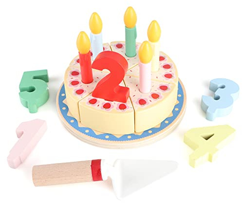 KABENFIS Jouets de gâteau d'anniversaire de Coupe en Bois Jouer Ensemble de Nourriture Bricolage Faire Semblant de Jouer avec des Bougies pour Les Enfants garçons et Filles