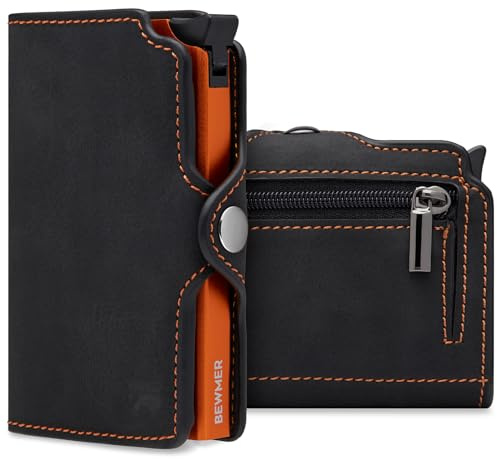 BEWMER Porta Carte di Credito 1 ZIP Schermato | Portafoglio Slim da Uomo e Donna | Porta Tessere e Documenti con Rfid Protection e Fermasoldi in Carbon Fiber (Nero e Arancione con Zip)