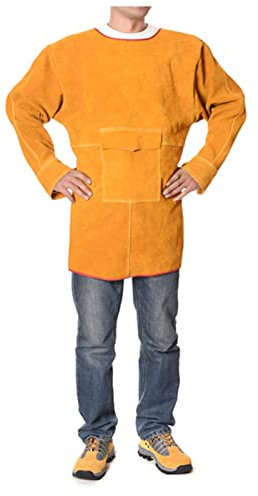 Lederschürze Schweißerschürze mit Werkzeugtasche, Lederschürze für die Holzbearbeitung mit Ärmeln, hitzebeständig und flammhemmend (Color : Yellow, Size : 85cm)