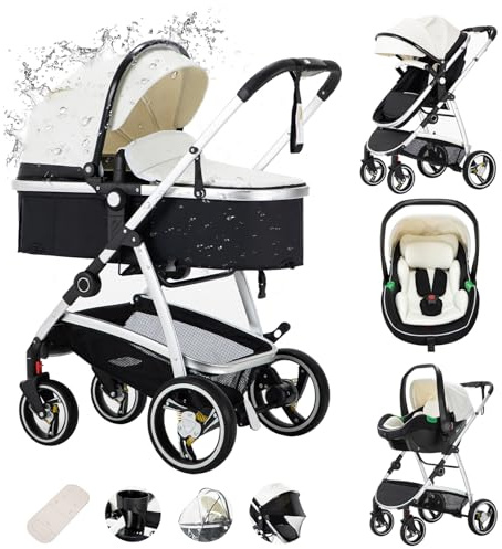 Zkiprm Kinderwagen 3-in-1, Kinderwagen mit Autositz, Buggy für alle Jahreszeiten, zusammenklappbar mit einer Berührung, große stoßabsorbierende Räder, Kinderwagen für Babys von 0 bis 36 Monaten, Weiß