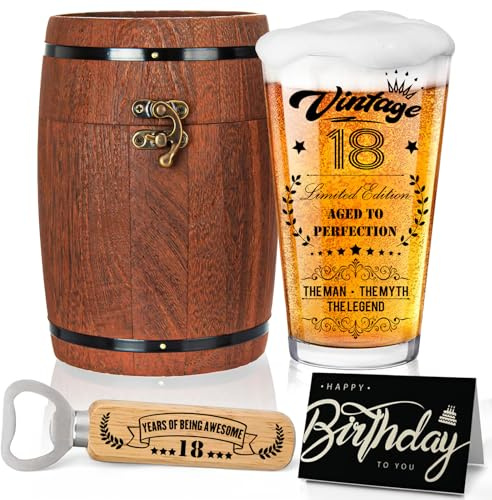 Joybble Regalo per il 18° compleanno ragazzo, regalo per uomini, bicchiere da birra personalizzato con incisione, 2007 in scatola da 470 ml, decorazione per 18 compleanno con biglietto di compleanno