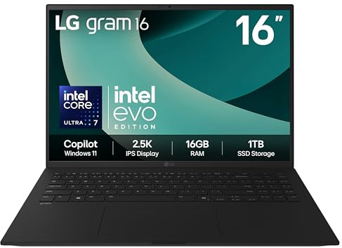 LG gram 16Z90T - 16 Inch 2.5K IPS Ultra-Lightweight Laptop, Intel Core Ultra 7 255H - EVO Edition, 16GB RAM, 1TB SSD, Windows 11 Home, gram Hybrid AI, Copilot, Black (2025)