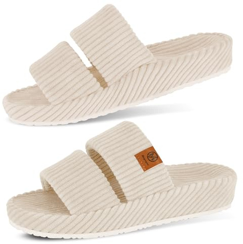 Maysogno Orthopedic Slippers for Women with Ach Support Memory Foam Slippers for Plantar Fasciitis Orthotic Open Toe House Shoes Indoor Outdoor Rubber Sole Beige 8