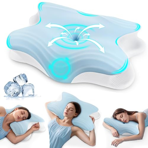 Rokehr Cuscino Cervicale per Dormire, 2 in 1 Cuscino Cervicale Ortopedico, Cuscino Memory Foam, Cuscini Ergonomico Cervicale, Guanciale Cervicale per Chi Dorme di Lato, Pancia o Schiena - Blu Cielo