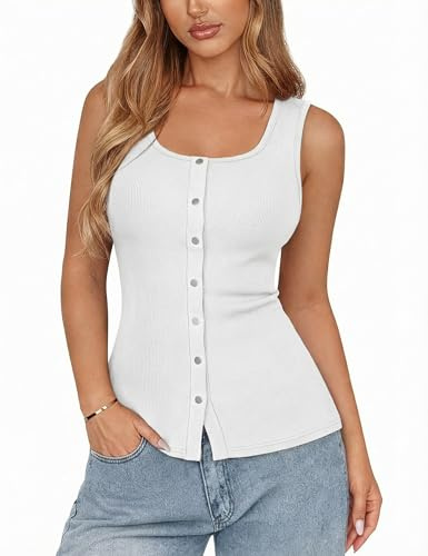 Aottori Tank Top Women Button Front Scoop Neck Ribbed Slim Fit White L