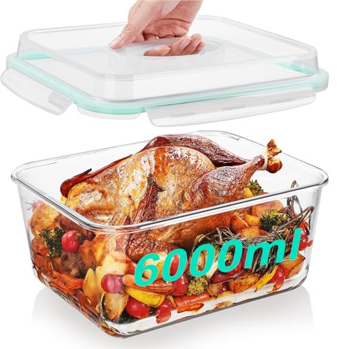 DeJivsin Contenitori Grandi in Vetro con Coperchio, 6 l, Ermetici, Adatti al Congelatore, Contenitori Ermetici per Alimenti per Pollo, Tacchino, Melone o Piatti di Festa