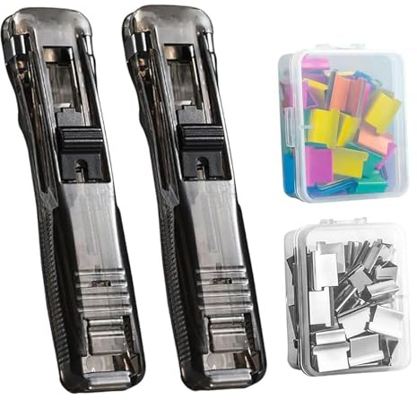 2 Piezas Grapadora de clip, Grapadora reutilizable y portátil de presión, Dispensador de clips, Incluye 100 clips de acero inoxidable, Ideal para oficina, escuela y hogar (A)