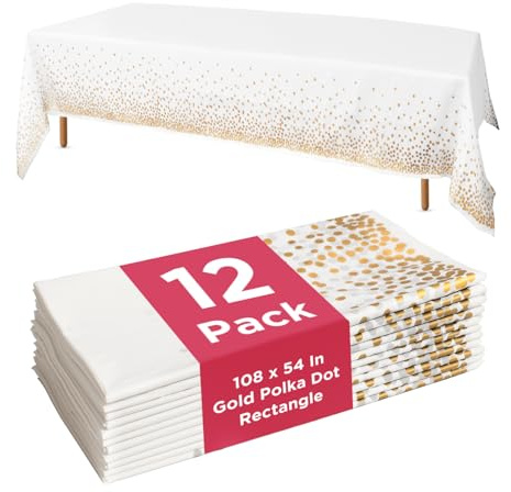 Prestee 12-Pack White and Gold Tablecloth - 54x108 Inch - Disposable Table Covers for Party, Weddings, and Holidays - Waterproof Christmas Tablecloth, Stain-Resistant Plastic Table Cover Set