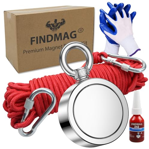 FINDMAG 1000 LBS Fishing Magnet Kit, Double Sided Stong Magnet Fishing with Rope, Magnetic Fishing Tool for Retrieving Items in River, Lake, Beach, Lawn - 2.95inch Diameter