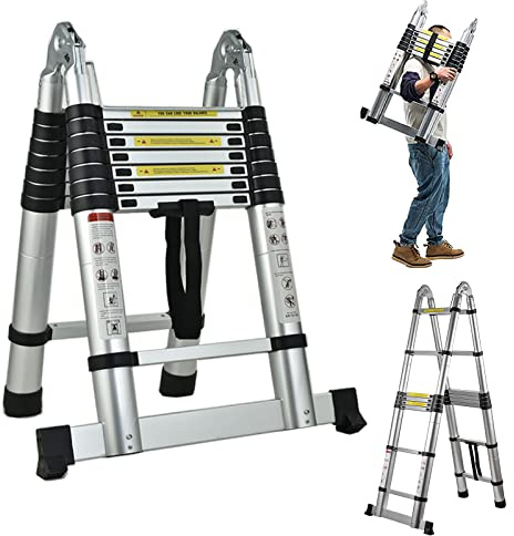 16.5FT Telescopic Folding Ladder Extension Aluminum 2.5m+2.5m A-Frame 5m Straight Ladder Telescoping Portable Multi-Purpose with Stabilizer Bar for Building Maintenance Window Cleaning Decoration