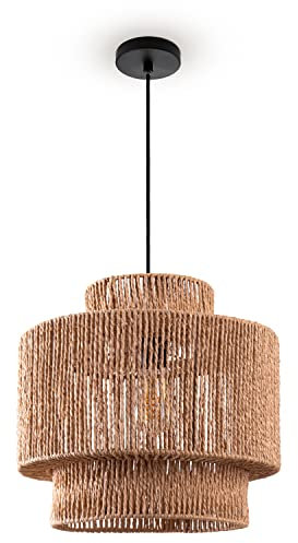 Paco Home Pendelleuchte Esstisch Papier Boho Hängelampe Esszimmer Lampe E27 Hängeleuchte Rattan, Farbe:Natur (Ø40cm), Leuchtenart___Farbe:Pendelleuchte - Schwarz