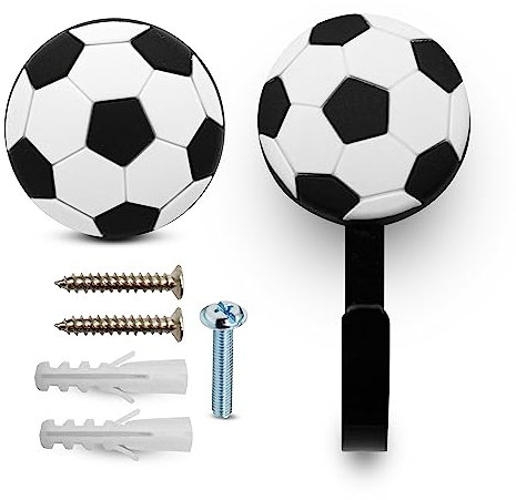 DOJA Barcelona | Möbelknöpfe Kinder + Kinderkleiderbügel | 4 Schrankknöpfe Kinder Fussball und 4 Kinder-Wandhaken Fussball | Aus Gummi und Zink-Aluminium | Kleiderhaken und Schubladenknöpfe