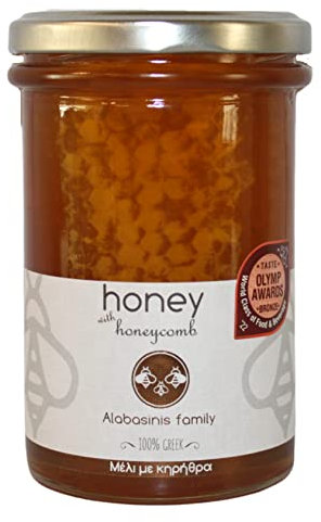 Alabasinis Family – Miel Griega con Panal, 400 g | 100% Natural y Artesanal | Miel Pura de Grecia | Aroma Intenso y Textura Crujiente | Sin Aditivos ni Conservantes