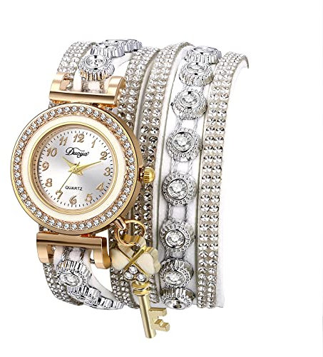 JewelryWe Armbanduhr Damen Böhmisch Retro Strass Glitzer Analog Quarz Beiläufige Uhr Damenuhr mit Geflochten Leder Armband Wickelarmband und Kleeblatt Schlüssel Anhänger, Weiß