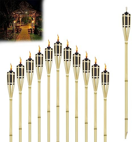 JOIEYOU Antorchas de jardín de bambú natural para exteriores 12 piezas antorchas de aceite Antorchas atmosféricas con mecha Lámpara de aceite decorativa Luz de camino Altura: 90 cm